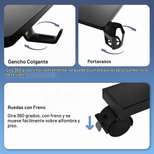 Vista 7 de Mesa eléctrica para colocar sobre la cama con ruedas, altura ajustable, mesa auxiliar reclinable, en forma de C, pequeño escritorio para computadora