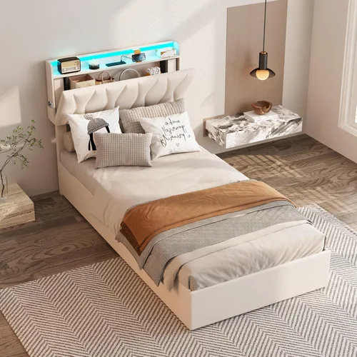 Vista 4 de Fameill Marco de Cama Twin con Almacenamiento Elevable, Cabecera Ajustable, Estación de Carga, Luces LED, Listones de Madera, Sin Ruido, No Requiere