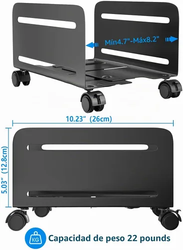 Vista 3 de AGPTEK Soporte para CPU, ancho ajustable de 4.7 a 8.2 pulgadas con 2 ruedas de bloqueo y 2 ruedas giratorias, color negro