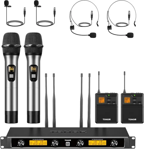 Vista 12 de TONOR Sistema de micrófono inalámbrico UHF con micrófono de auriculares/micrófono de solapa Lavalier, transmisor Bodypack, receptor recargable, 15