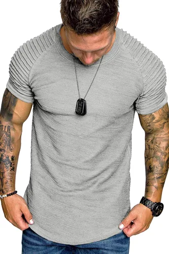 Vista 3 de COOFANDY - Camiseta muscular para hombre, camiseta de manga raglán plisada para culturismo, camisetas a la moda de manga corta para entrenar