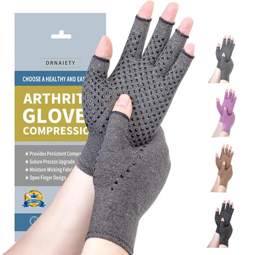 Vista 8 de DRNAIETY Guantes de compresión para artritis, para hombres y mujeres, para dolor de manos, guantes antideslizantes sin dedos para escribir y Negro