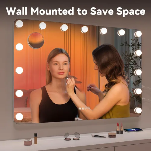 Vista 4 de Hasipu Espejo de maquillaje LED con altavoz Bluetooth, espejo de maquillaje de 31 x 22 pulgadas con luces y aumento, espejo Hollywood con 3 modos