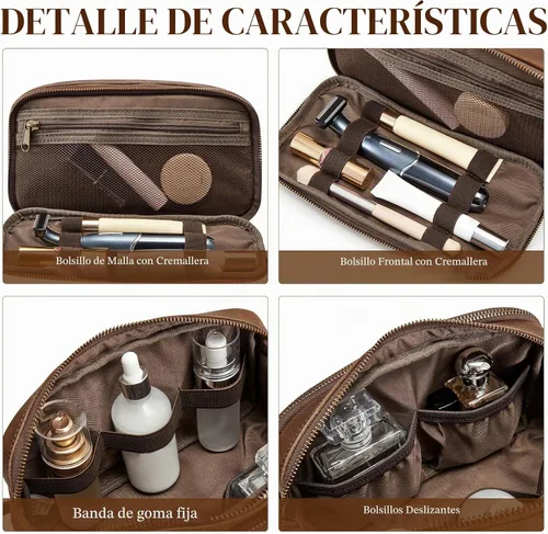 Vista 3 de S-ZONE - Neceser de viaje de cuero para hombres y mujeres, bolsas de afeitar cosméticas Marrón oscuro