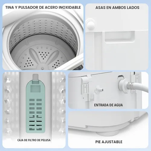 Vista 6 de Zynkez Lavadora portátil de 14 libras, lavadora portátil totalmente automática con 10 programas, 3 niveles de agua, bomba de drenaje, lavadora