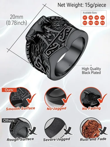 Vista 5 de FaithHeart Norse Viking Jewelry - Anillo de acero inoxidable de guerrero para hombre con diseño vikingo de cabeza de lobomartillo de Thor