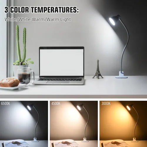 Vista 2 de Lámpara de lectura con clip de CeSunlight, lámpara de abrazadera para escritorio, 3000 – 6500K, temperatura de color ajustable, 6 modos