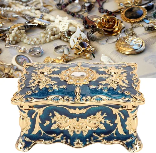 Vista 8 de TOPINCN Organizador de baratijas, caja de joyería para prevención de óxido, aleación de zinc, elegante para aniversario (azul dorado)