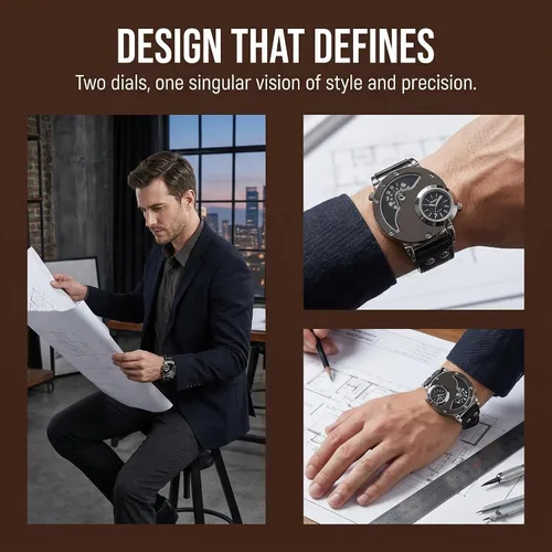 Vista 6 de MJSCPHBJK Reloj de pulsera analógico único para hombre, sumergible, de moda, de vestir, de cuarzo, con dial doble, diseño genial, banda de cuero