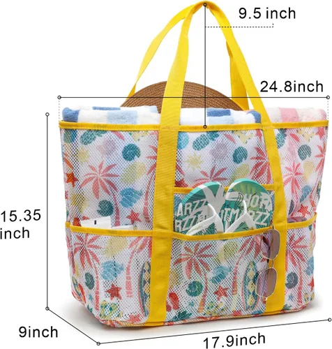 Vista 6 de F-color Mesh Beach Bag Family - Large Tote Bag for Cruise Pool Beach Vacation Essentials