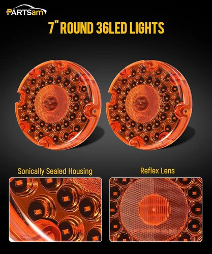 Vista 2 de Partsam 2 luces traseras redondas de tránsito de 7 pulgadas, color ámbar, 36 LED, luz LED ámbar de 7 pulgadas, señal de giro LED redonda y luz