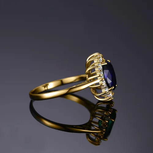 Vista 4 de JewelryPalace Anillos de compromiso y aniversario estilo princesa Diana, Kate Middleton, piedra natal de zafiro y halo, 14 quilates, chapado en oro