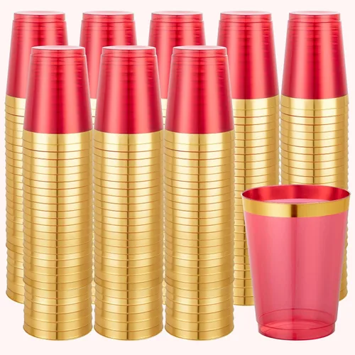 Vista 16 de Supernal 100 piezas de vasos de plástico azules, vasos desechables transparentes azules claros de 10 onzas con borde dorado, vasos de plástico