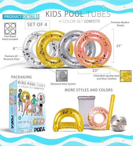 Vista 2 de Paquete de 4 flotadores inflables para piscina para niños, anillos flotantes de piscina rellenos de confeti brillante, lindos flotadores de piscina