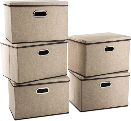 Vista 43 de PRANDOM Contenedores de almacenamiento con tapas [paquete de 3] cajas de almacenamiento plegables de tela de lino, canastas organizadoras, cubos