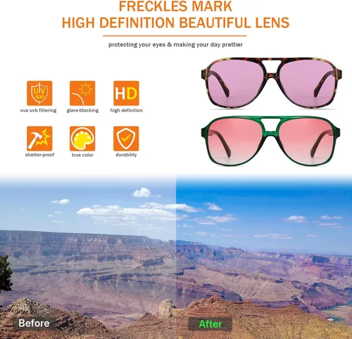 Vista 5 de Freckles Mark Lentes de sol clásicos estilo retro de los años 70 para mujeres y hombres, montura estilo aviador, cuadrada, grande y de moda