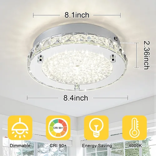 Vista 5 de Lámpara de techo de cristal de montaje empotrado, moderna lámpara de techo LED de 4000 K, lámpara de techo redonda de 8 pulgadas para espacios