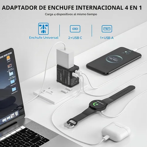Vista 5 de Adaptador de viaje universal 30W GaN, adaptador de corriente internacional todo en uno