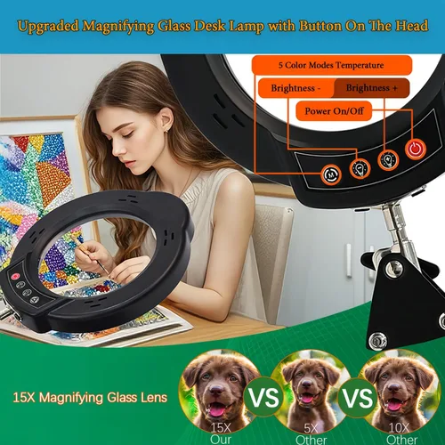Vista 7 de Lámpara de escritorio con lupa de 15X con base de metal, 5 modos de color, 10 niveles de brillo ajustable, brazos de aluminio flexibles giratorios