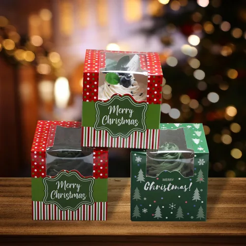 Vista 5 de 20 cajas individuales para cupcakes de Navidad con insertos, cajas de magdalenas con contenedores de ventana para cumpleaños, Navidad, boda, baby