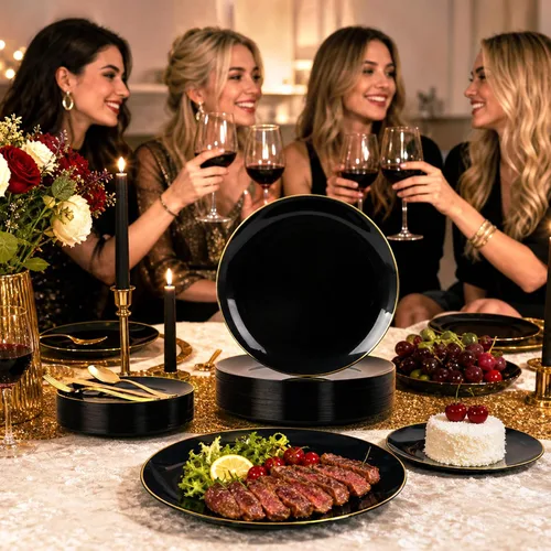 Vista 5 de YOUBET 125 piezas de platos de plástico negros y dorados - Platos desechables negros con borde dorado - Incluye 25 platos de cena, 25 platos
