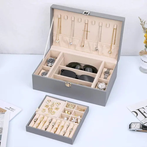 Vista 7 de LANDICI Joyero organizador para mujeres y niñas, estuche grande de 2 capas para hombres con bandeja extraíble, soporte de almacenamiento de joyas