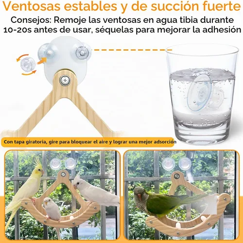 Vista 4 de Juguetes de columpio para pájaros con roca para ventana y jaula, percha para pájaros para montaje de succión en la pared, juguetes de madera