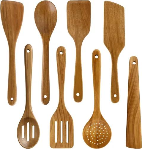Vista 9 de 2 piezas de juego de espátulas de madera para cocinar Utensilios de cocina de teca no tóxicos sin BPA, espátula ranurada para panqueques, espátula 2