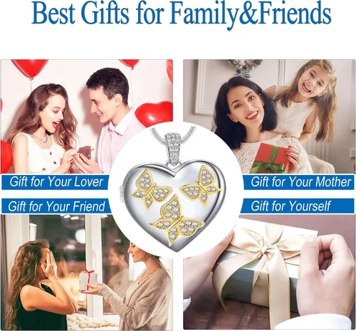 Vista 5 de Fanery sue Collar personalizado con medallón de corazón de mariposa, collares personalizados para mujer, regalos personalizados con foto y texto
