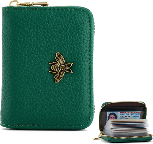 Vista 10 de WOZEAH Tarjetero de cuero para mujer, cartera con bloqueo RFID, con cremallera, tarjetero, para negocios, Negro, Sólido