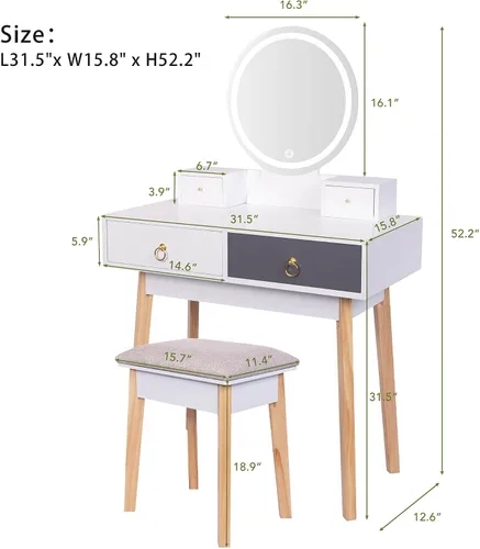 Vista 2 de Juego de tocador de maquillaje con espejo iluminado, escritorio blanco con cajones y taburete acolchado, mesa de maquillaje con espejo de luces