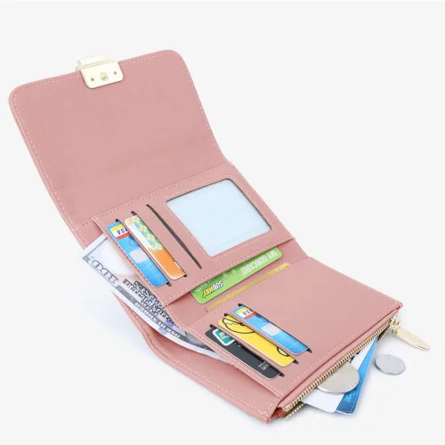 Vista 4 de Cartera pequeña para mujer, tarjetero de piel sintética, bloqueo RFID, con triple pliegue, sobre con cremallera, monedero, rosa ( B - Pink ), Moda