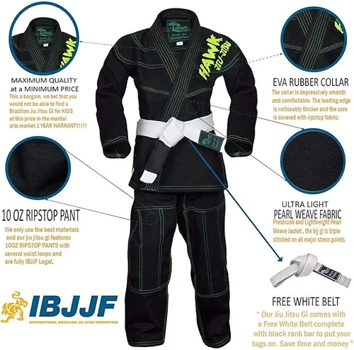 Vista 3 de Jiu Jitsu brasileño, para niños, Jiu Jitsu Gi Children BJJ Gi Grappling Kimonos, cinturón blanco ligero, Blanco