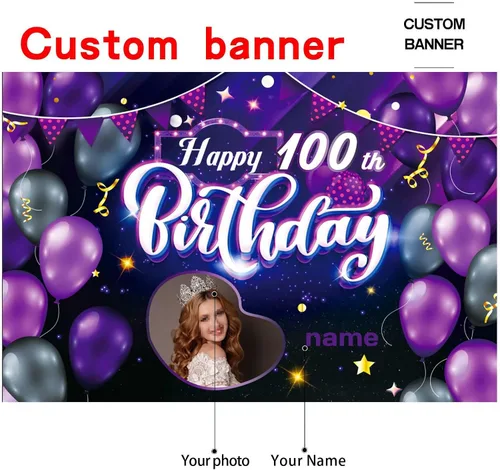 Vista 2 de Cartel decorativo personalizado de feliz cumpleaños número 100, personalización, morado, tamaños grandes, soporta fotos y nombres personalizados