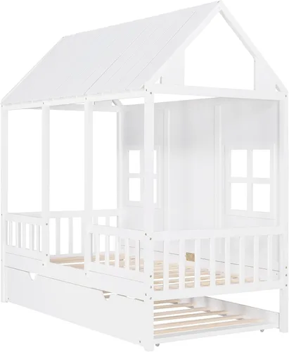 Vista 8 de Harper & Bright Designs Cama de casa de tamaño individual con cama nido de tamaño individual, sofá cama de madera, cama de plataforma con techo