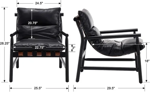 Vista 2 de Kmax Silla decorativa moderna tapizada de piel sintética, cómoda silla de descanso con marco de madera maciza para dormitorio, sala de lectura Negro