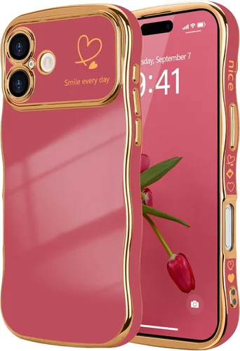 Vista 107 de LCHULLE - Funda para iPhone Air, linda para mujeres y niñas, con forma de onda, color azul bebé Luxury Plating Curly Wavy Frame with Love Heart