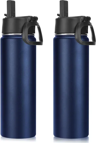 Vista 47 de Neihepal Botellas de agua aisladas de 22 onzas con tapa con popote a prueba de fugas, botella de agua de acero inoxidable de doble pared de boca