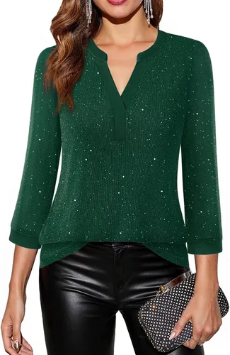 Vista 20 de Timeson - Blusas de manga de 3/4 para mujer, estilo casual, con cuello en V, camisas largas de vestir de doble capa, de malla Negro