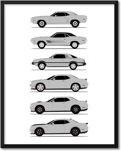 Vista 25 de Custom Car Posters Póster hecho a mano compatible con Dodge Challenger Generations e impresión de Challenger SRT, multicolor, impresión metálica