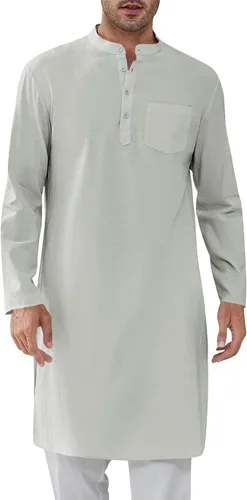 Vista 8 de Bata de caftán para hombre, con botones, manga larga, estilo Henley, de algodón, casual, con abertura lateral Blanco