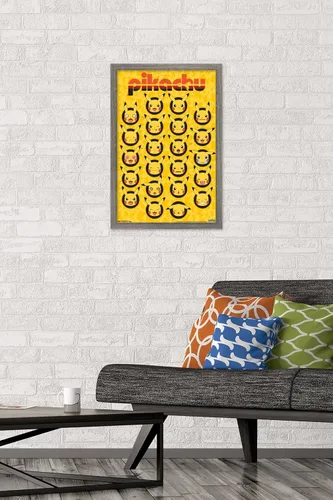 Vista 2 de Trends International Pokémon - Póster de pared de caras de Pikachu, 14.725 x 22.375 pulgadas, versión enmarcada de madera de granero Versión
