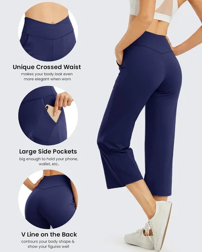 Vista 4 de G4Free Pantalones capri de pierna ancha para mujer, pantalones capri elásticos cruzados con bolsillos, pantalones cortos de cintura alta