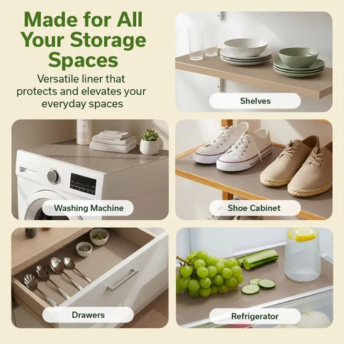Vista 4 de EVALAND Revestimientos de estantes para gabinetes de cocina sin adhesivo de 12" x 33 pies, color beige, forro para cajones antideslizante, lavable