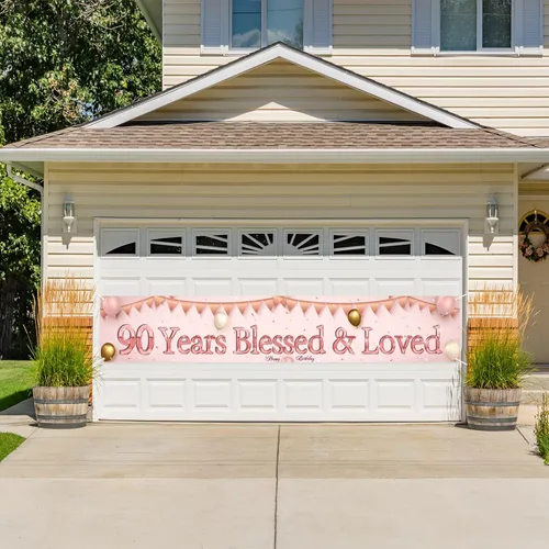 Vista 6 de Labakita Cartel de 90 años bendecidos y amados, pancarta grande de feliz cumpleaños 90, decoraciones de cumpleaños de mamá abuela 90 años, pancarta