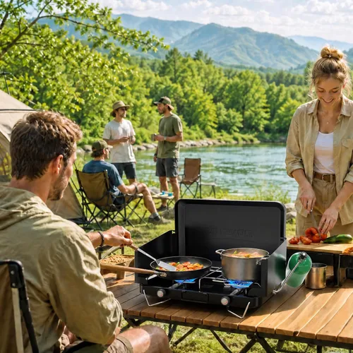 Vista 7 de ROVSUN Estufa de campamento de propano de 20000 BTU con adaptador, 2 quemadores de mesa portátil de propano con mango integrado y panel de viento
