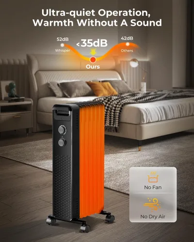 Vista 5 de ZAFRO 1500 W Calentador Eléctrico de Radiador Lleno de Aceite con Termostato Ajustable, Protección Contra Sobrecalentamiento y Vuelco, Bajo Nivel