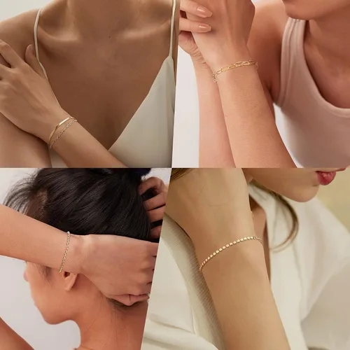 Vista 2 de FINREZIO 6 pulseras de cadena de oro para mujer, pulsera cubana con cuentas de eslabones de clip de papel, pulsera de cadena de cable grueso