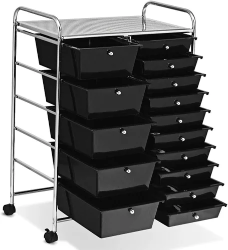 Vista 3 de Carrito de almacenamiento rodante de 15 cajones, carrito de utilidad móvil con ruedas con candado, cajones, carrito organizador multiusos para Negro