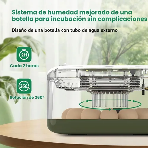 Vista 4 de Incubadora de 12 huevos con pantalla de humedad y vela integrada, girador automático, control de temperatura y humedad, recarga automática de agua